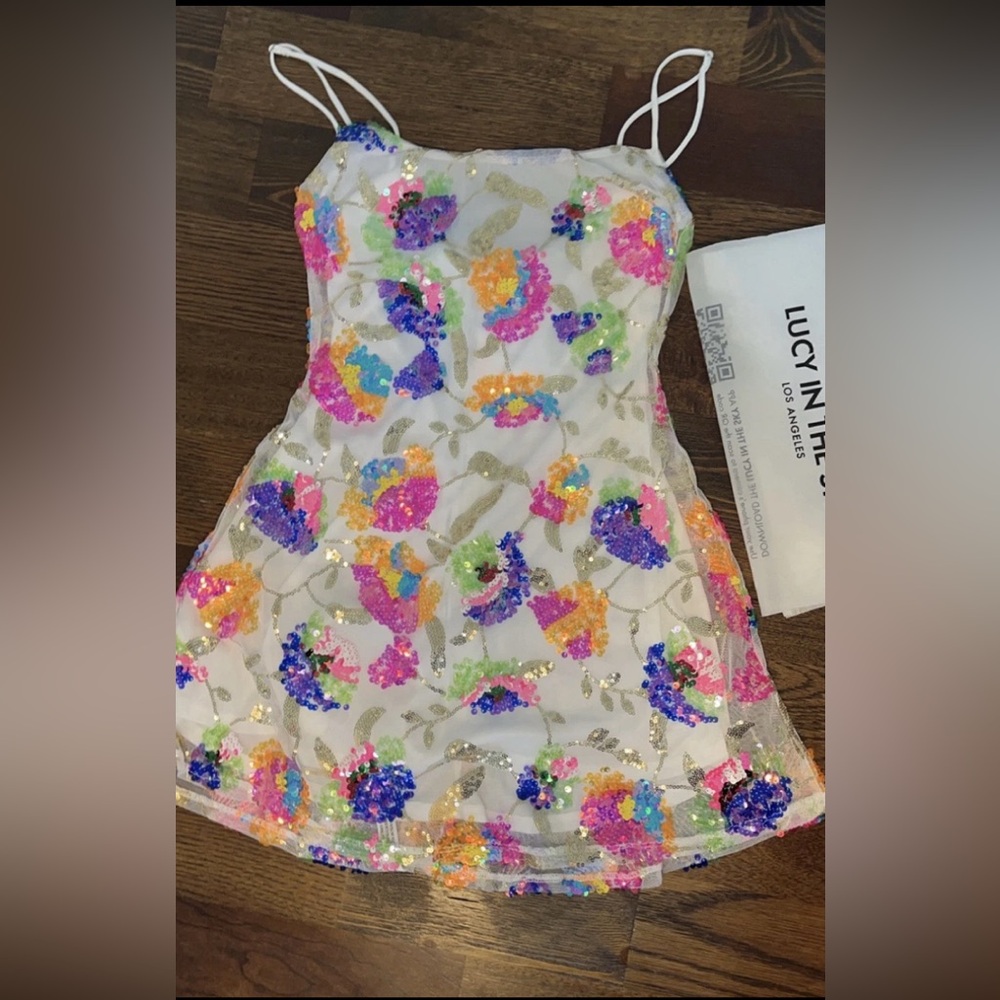 Lucy In The Sky: Mesh Multi Color Sequin Dress in White